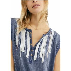 Free People Harvey Muscle Indigo Combo Sleeveless Top, Sz Med, Boho Oversized